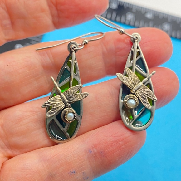 Teardrop Stained Glass Silver Tone Dragonfly Faux Pearl Pierced Dangle Earrings - Picture 1 of 6